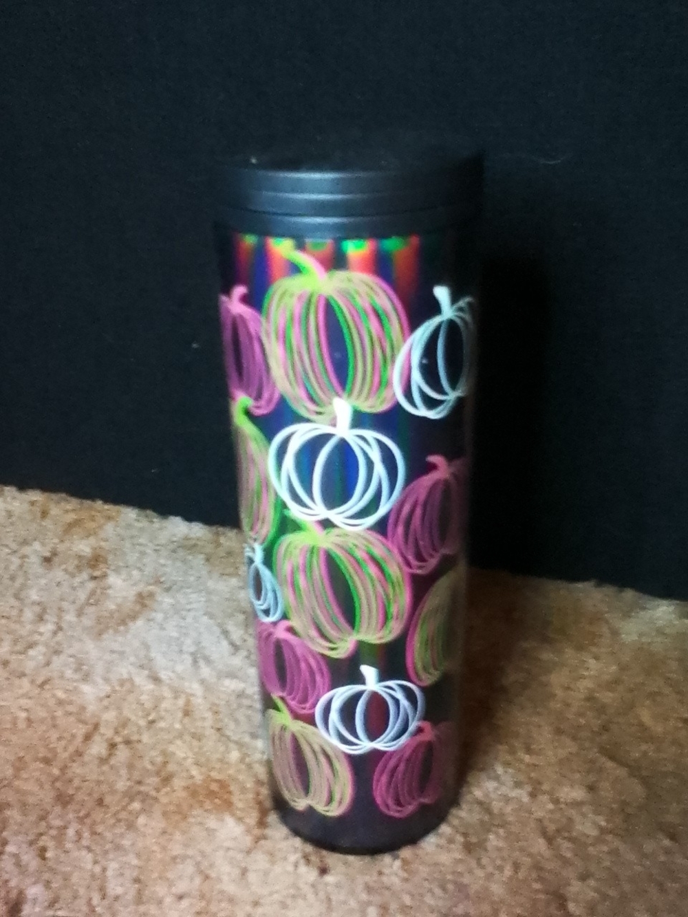 Travel Tumbler with Neon Pumpkin Pattern - Black Glow In The Dark Starbucks